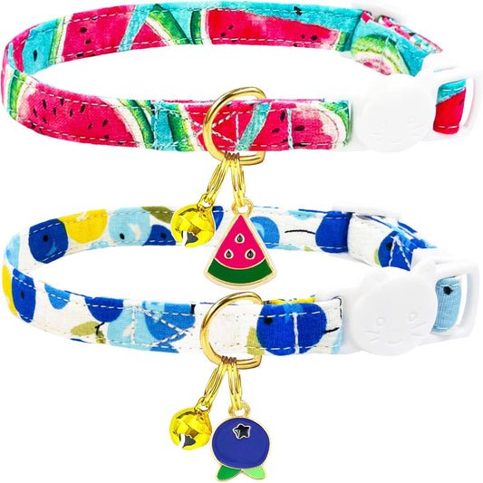 2 Pack Cotton Breakaway Cat Collars Set with Bell and Flower Pendant, Cute Floral Fruit Patterned, Adjustable 7.5-11Inch, Include A Mouse Toy Gift (Watermelon Blueberry)