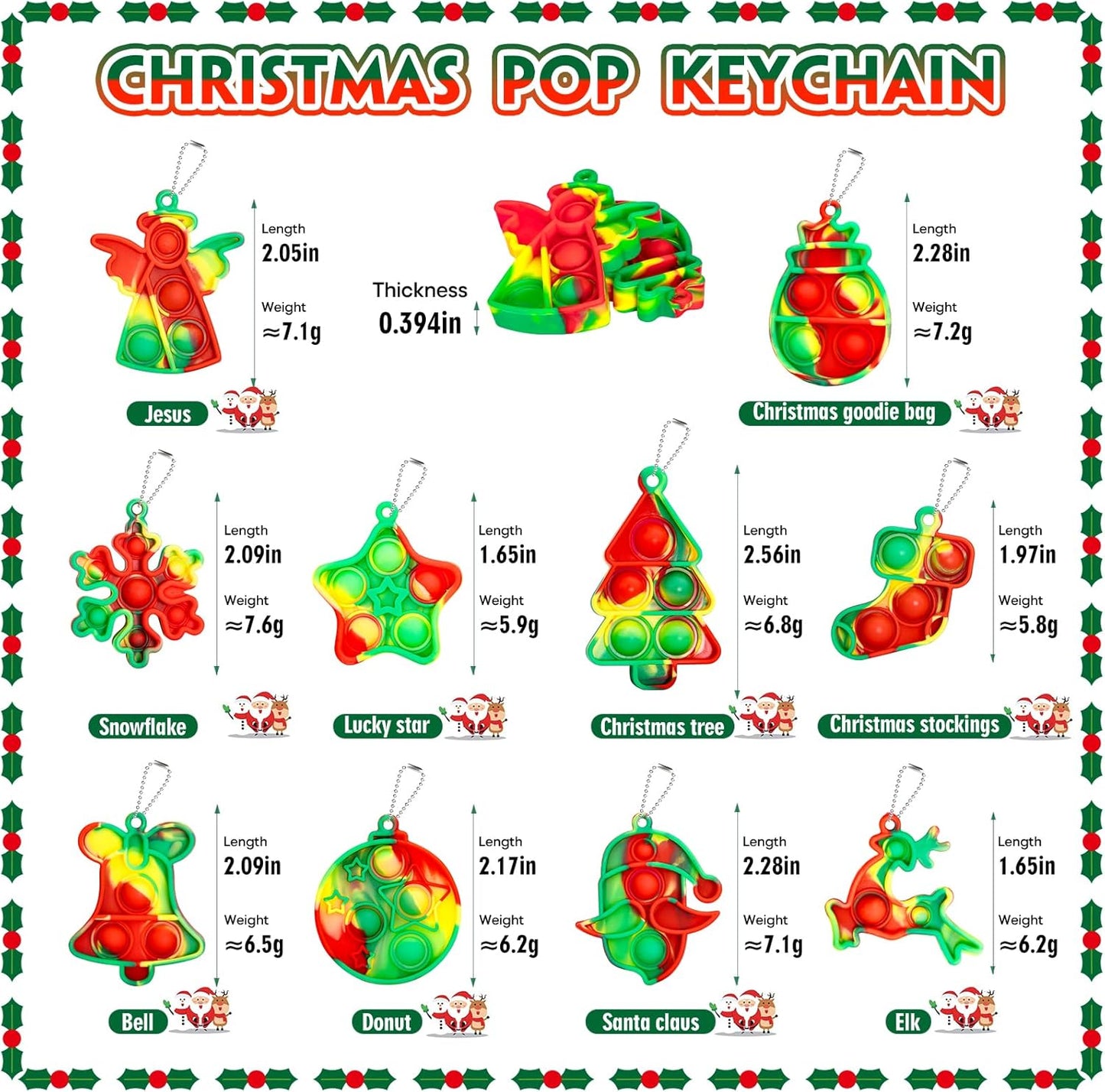 Christmas Pop Fidget Toys Bulk Its Christmas Party Favors for Kids 30 Pack Mini Pop Keychain It Stocking Stuffers for Kids Goodie Bag Stuffers Fidgets for Classroom Prizes Student Birthday Party Gifts