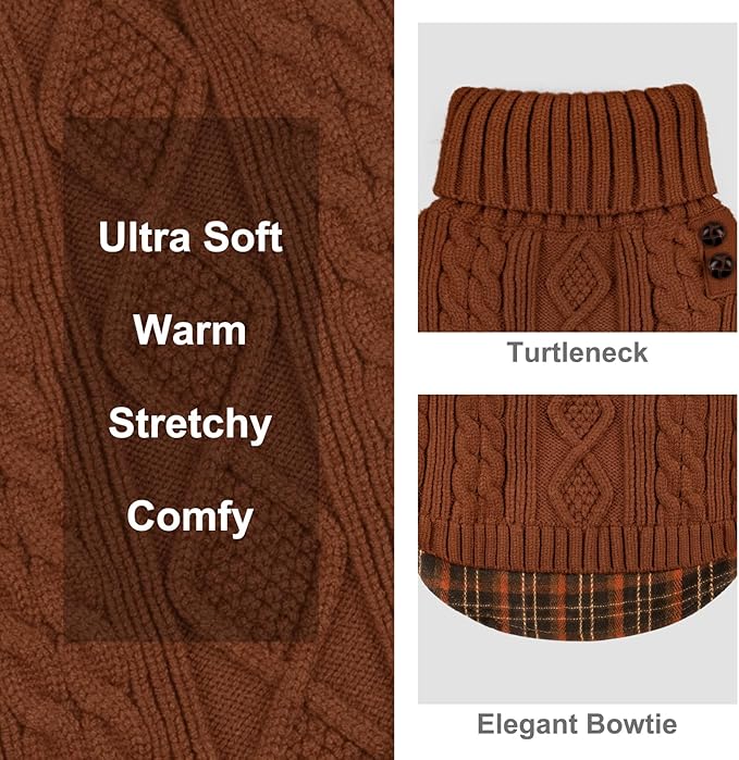 KYEESE Dog Sweater Comfy Pet Coat for Fall Winter Cold Weather Soft Pullover Dog Sweaters for Small Dogs Male Warm Turtleneck Small Dogs Sweater Stretchy Knitwear Cat Clothes with Gingham Patchwork