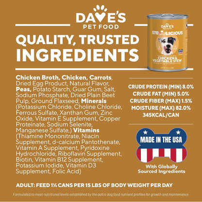 Dave's Pet Food Stewlicious Grain Free Wet Dog Food (Chicken & Vegetable in Gravy), Made in USA Naturally Healthy Canned, Gluten Free Topper, 13.2 oz (12 Pack)