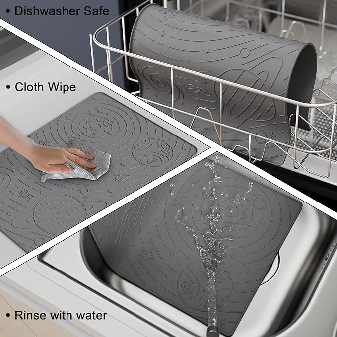 OHMO Dog Food Mat, Silicone Waterproof Cat Food Mat, Non-Skid Spill Proof Pet Feeding Mat for Food and Water, Easy to Clean Dog Placemat(Grey, 23.6" x 15.8")