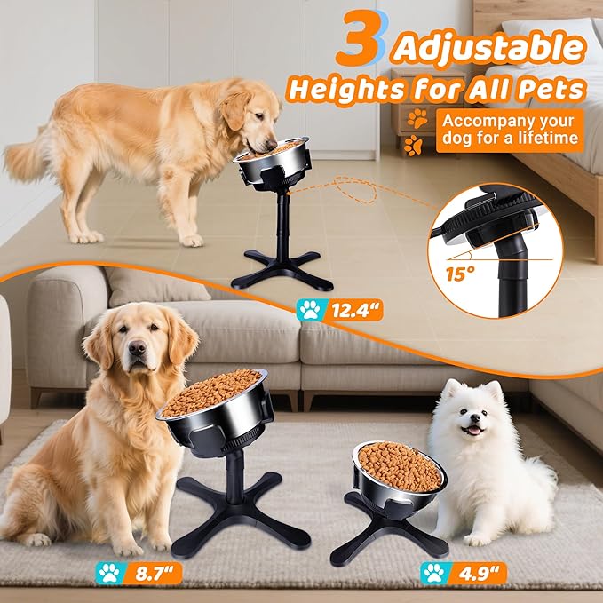 Elevated Dog Bowl, 3 Adjustable Stand Heights and Width, Non-Slip Foot Mats, Tilting Raised Dog Bowls for Small, Medium and Large Dogs Breed (1 Pack), Black