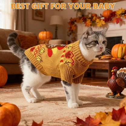 KOOLTAIL Thanksgiving Cat Sweater Turtleneck - Soft Knit Cat Sweaters for Cats Only, Turkey Pattern Thick Warm Winter Cold Weather Pet Clothes for Small Medium Large Kitten Puppy Boys Girls, Brown M