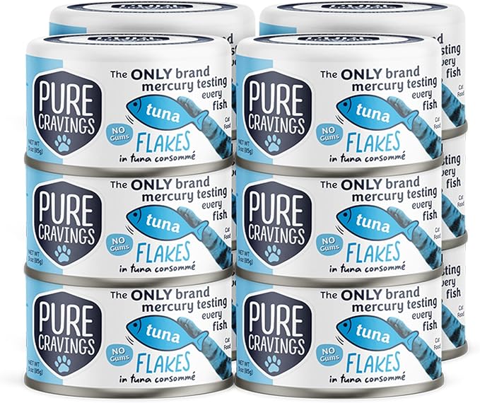 Pure Cravings Tuna Flakes in Tuna Consommé, Canned Wet Cat Food Soup, 100% Mercury-Tested, Moist Can Fish, Grain-Free Protein, Non-GMO, 3oz, Pack of 12
