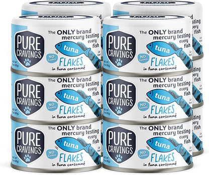 Pure Cravings Tuna Flakes in Tuna Consommé, Canned Wet Cat Food Soup, 100% Mercury-Tested, Moist Can Fish, Grain-Free Protein, Non-GMO, 3oz, Pack of 12