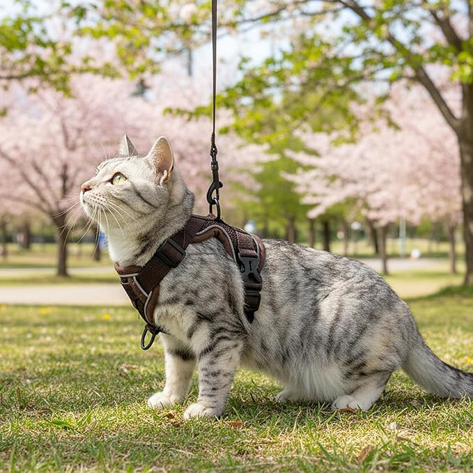 Cat Harness and Leash Set Escape Proof Tactical Medium Kitten Harness Emotional Support Cat Vest, Brown, M