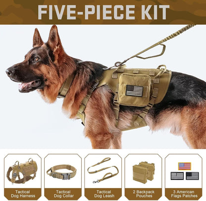 Forestpaw Tactical Dog Harness for Large Dogs,Tactical Dog Collar with Bungee Leash Set,No Pull Military Dog Harness for Walking Training,Adjustable for Medium Large Dogs,Khaki,Chest 15.5-25.5"
