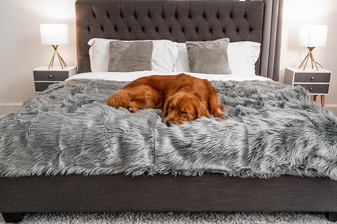 PAW BRANDS PupProtector Waterproof Throw Blanket for Dogs and Cats, Pet Blanket Cover for Couches, Sofas, Beds, Car Seats, Furniture, Calming Soft Faux Fur, Charcoal Grey, Large (80" L x 62" W)