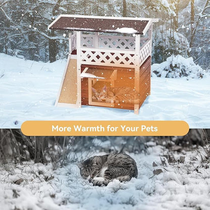 Petsfit Outdoor Cat House Weatherproof, Wooden Outside Feral Cat Shelter with Scratch, 2 Story Cat Houses for Indoor Cats Small Dogs with Escape Door(Red)