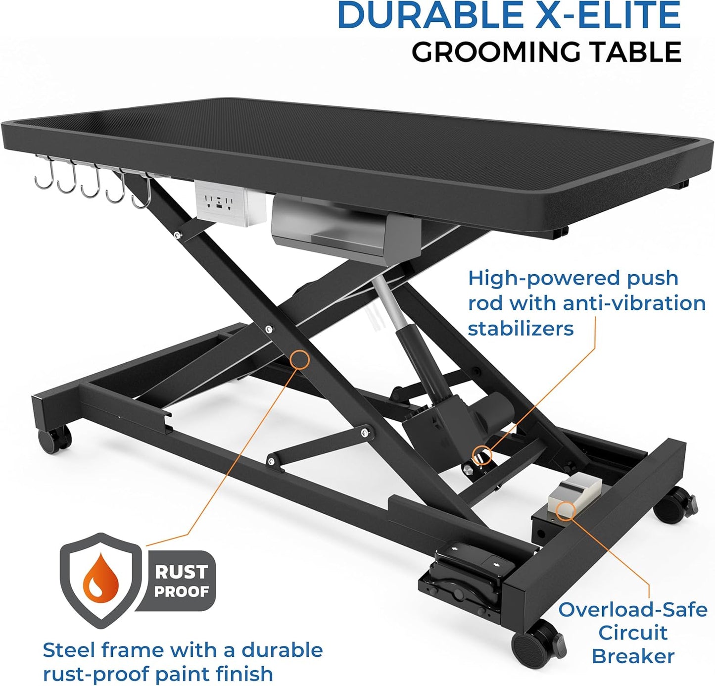 Professional Super Low-Step Electric Dog Grooming Table 49.2", Heavy Duty, Anti-Slip Tabletop, Height Adjustable Dog Table with Lockable Casters, Stainless Grooming Overhead Arm, Dog Grooming Station