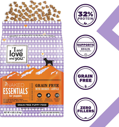 I and love and you Naked Essentials Dry Dog Food for Puppies - Chicken + Lentils - High Protein, Real Meat, No Fillers, Prebiotics + Probiotics, 4lb Bag