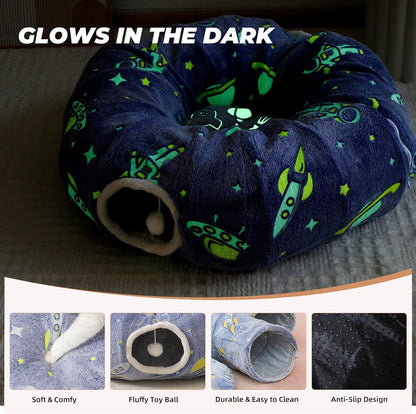 Large Cat Tunnels Bed Tube for Indoor Cats Glows in The Dark Cat Tunnel with Cushion and Plush Ball Toy Longer Playground Toys for Dog Puppy Kitten Rabbit Bunnies Ferret Pet Blue