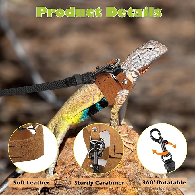 KABASI Bearded Dragon Harness Leash Set, 3 Size Adjustable Lizards Training Walking Leather Vest Escape-Proof Traction Rope for Squirrel and Other Outdoor Small Reptiles (Brown)