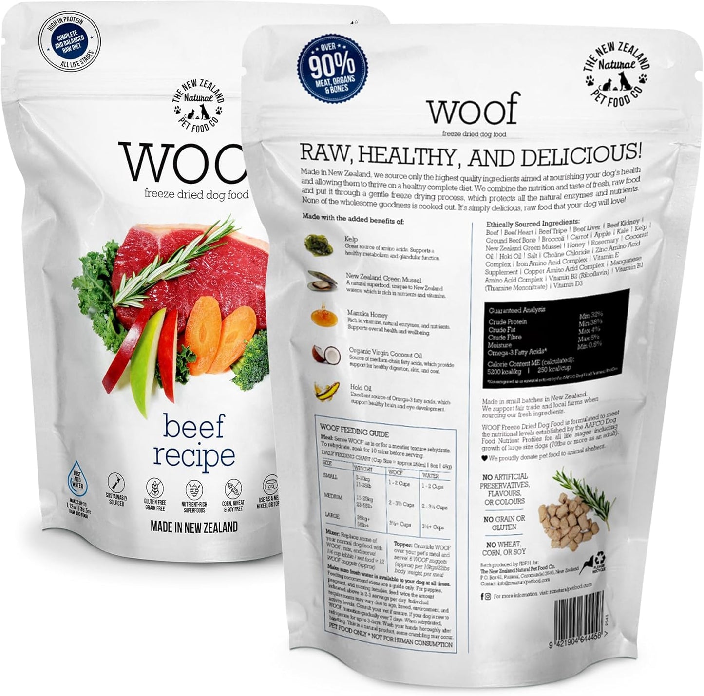 The New Zealand Natural Pet Food Co WOOF Freeze Dried Dog Food - Beef Recipe, High Protein, Use as a Complete Diet, Dog Food Topper, Mixer, or as Dog Treats, All Life Stages, 9.9 oz