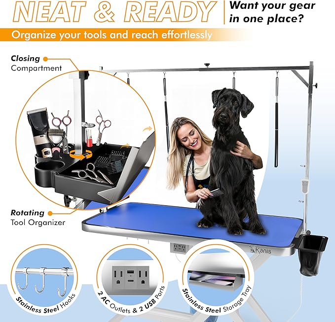 KANIS Professional Electric Dog Grooming Table - Heavy Duty, Height Adjustable Pet Grooming Table w/Leveling Wheels, Grooming Arm, Anti Slip Tabletop & Tool Organizer/Dog Grooming Station (60", WHITE)