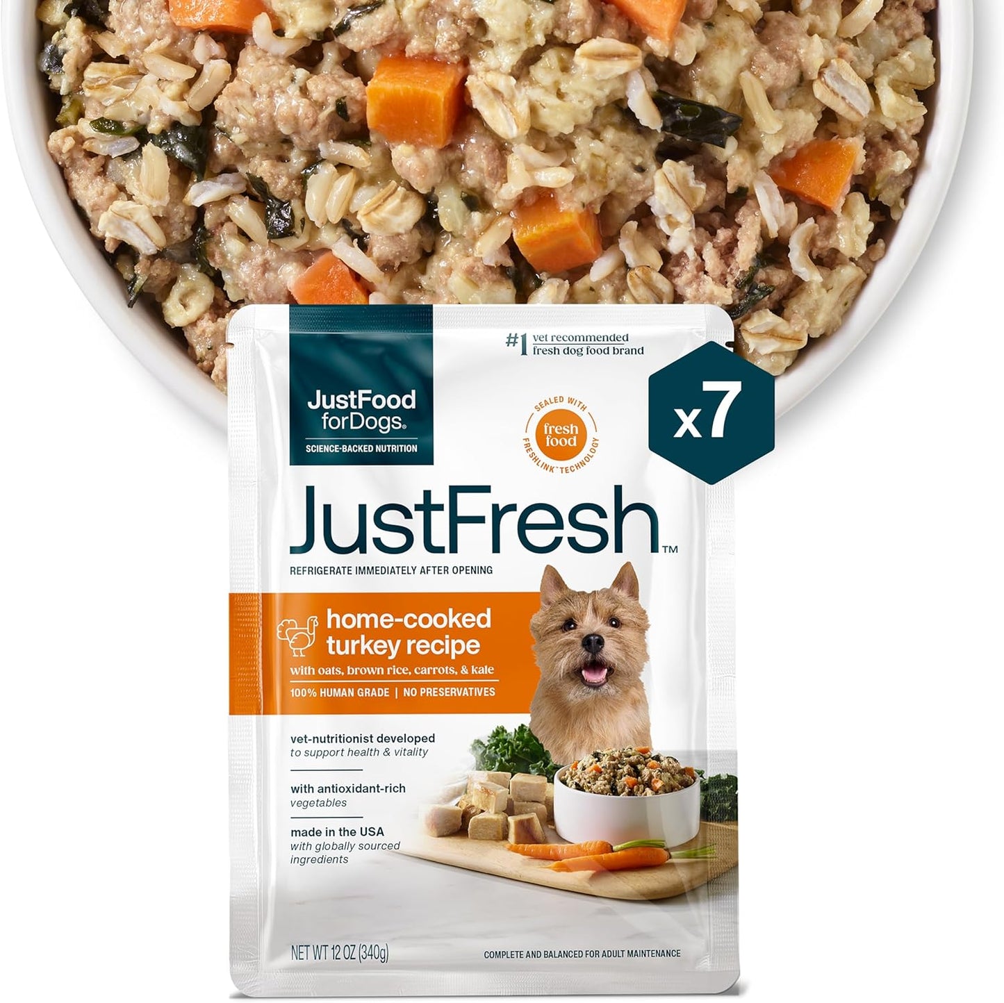 JustFoodForDogs JustFresh Wet Dog Food, Fresh Pet Meals and Toppers with No Preservatives, Resealable Package, Human Grade, Home-Cooked Turkey, 12 oz - 7 Pack
