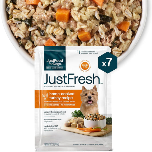JustFoodForDogs JustFresh Wet Dog Food, Fresh Pet Meals and Toppers with No Preservatives, Resealable Package, Human Grade, Home-Cooked Turkey, 12 oz - 7 Pack