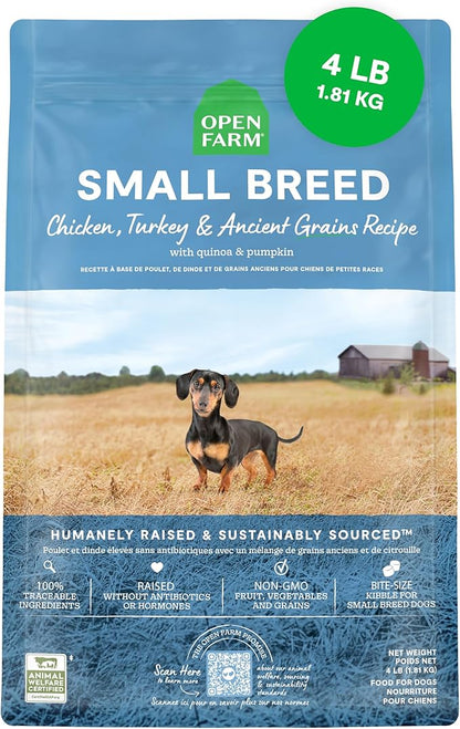 Open Farm, Ancient Grains Dry Dog Food for Small Breeds, Protein-Rich & Nutrient Dense, 90% Animal Protein with Non-GMO Fruits, Veggies and Superfoods, Chicken & Turkey Recipe for Small Dogs, 4lb Bag