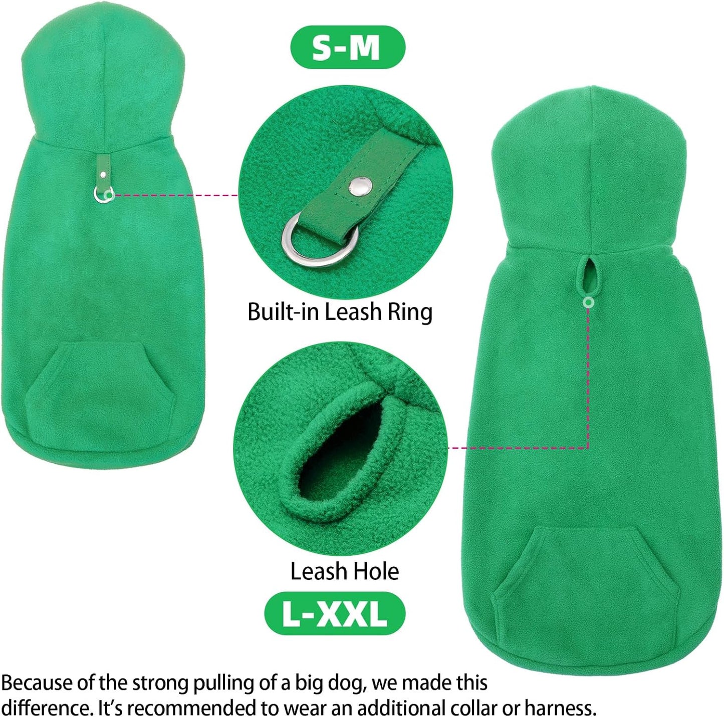 EXPAWLORER Dog Hoodie Fleece Sweater Vest, Hooded Dog Sweatshirt Fall Winter Pet Clothes with Leash Ring, Sleeveless Warm Cozy Puppy Clothing for Cat Small Medium Large Dogs Girl Boy, Green S