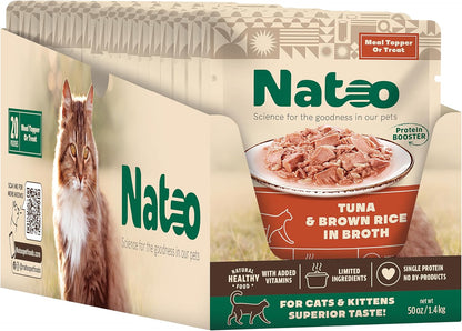 NATOO Cat Food Topper for Picky Eaters, Healthy Soft Kitty Treat (Tuna & Brown Rice in Broth), Wet Cat Meal with Gravy, High Protein, Limited Ingredient Adult & Kitten Food, 2.4 oz (Case of 20)
