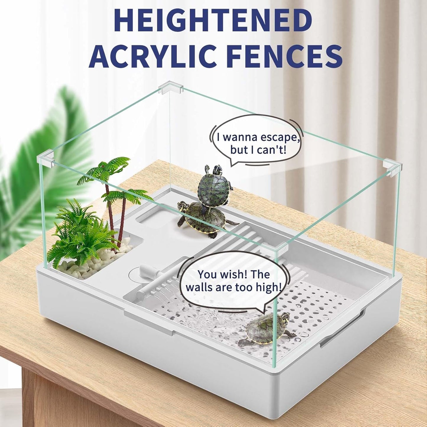 Small Turtle Tank (Tank + Water Pump), Acrylic Turtle Tank Starter Kit with Upgrade Rain Shower Head, Adjustable 5W Water Pump, Higher Fences and Multi-Function Areas. (S)