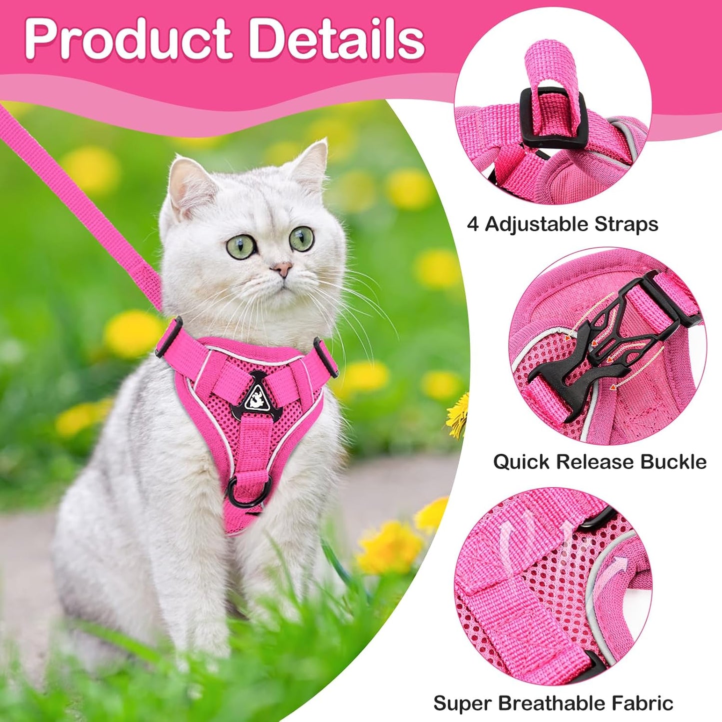 Cat Harness and Leash for Walking Soft Cat Harness Escape Proof, Adjustable Kitten Harness Cat Leash Reflective Strips Jacket, Breathable Cat Vest Harness Set for Kitten Easy to Wear Outdoor Walking