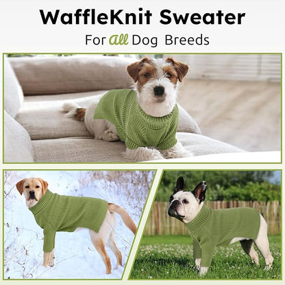 Queenmore Waffle Knit Small Dog Sweater, Long Sleeve Doggie Fall Sweater, Turtleneck Sweaters for Small Breeds, Samll Puppy Sweaters, Green S