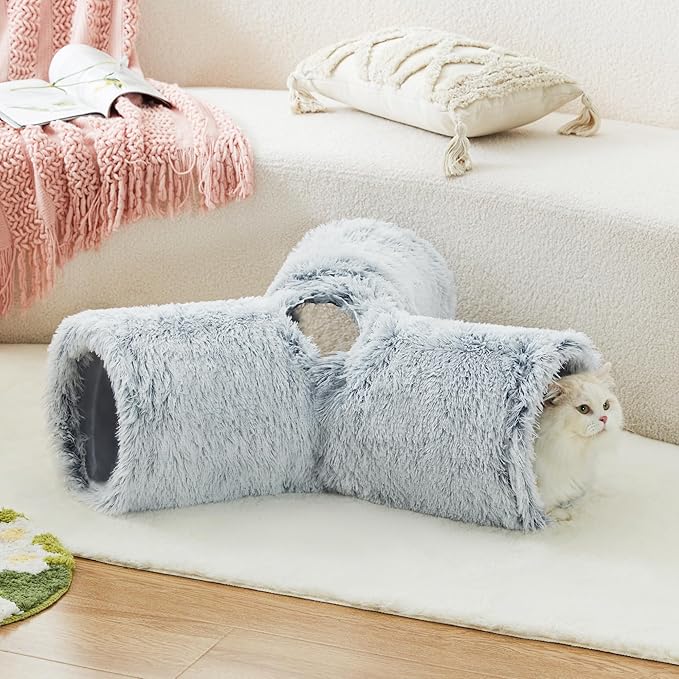Tempcore Plush Pet Cat Tunnel Tube Cat Toys 3 Way Collapsible, Tunnels for Indoor Cats，Kitty Tunnel Bored Pet Toys Peek Hole Toy Ball Puppy, Kitty, Kitten, Rabbit Light Grey