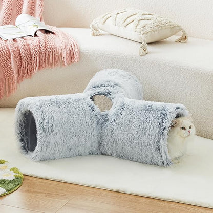 Tempcore Plush Pet Cat Tunnel Tube Cat Toys 3 Way Collapsible, Tunnels for Indoor Cats，Kitty Tunnel Bored Pet Toys Peek Hole Toy Ball Puppy, Kitty, Kitten, Rabbit Light Grey