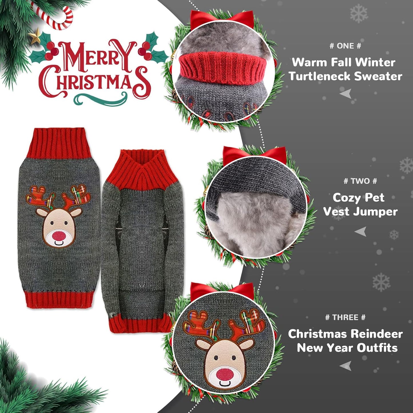 PETCARE Reindeer Christmas Dog Sweater Gray Cat Sweater Vest Cartoon Elk Pet Holiday Dog Clothes Puppy Sweaters for Small Medium Large Dogs Cats Fall Winter Outfits Xmas Dogs Costume,XX-Small
