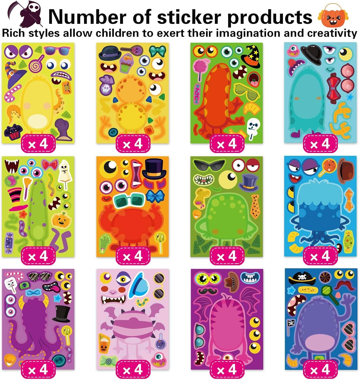 Make a Monster Face Stickers 48PCS Halloween Stickers for Kids Make Your Own Little Monster Sticker Sheets Halloween Theme Crafts Party Game Birthday School Classroom Reward Gift