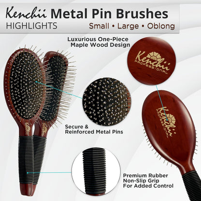 Kenchii Pet Grooming Metal Pin Brush | Solid Wood, Non-Slip Grip Detangling and Shedding Tool for Long or Short Haired Pets - Large Oblong Size