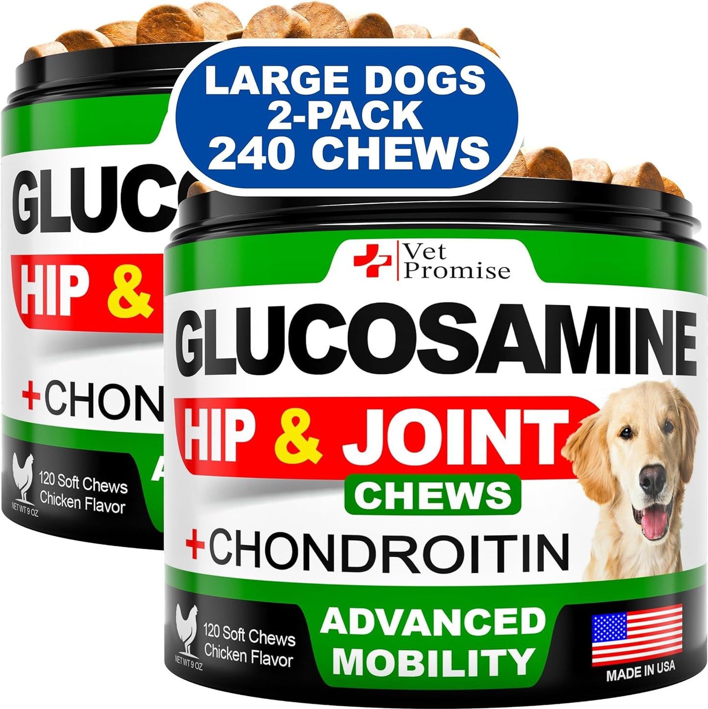 (2 Pack) Glucosamine for Dogs - Hip and Joint Supplement for Dogs - Glucosamine Chondroitin - Joint Pain Relief Pills - MSM - Hemp Oil - Advanced Health Support Supplement - 240 Mobility Chews