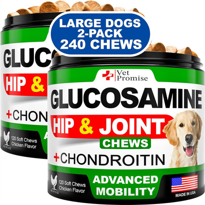 (2 Pack) Glucosamine for Dogs - Hip and Joint Supplement for Dogs - Glucosamine Chondroitin - Joint Pain Relief Pills - MSM - Hemp Oil - Advanced Health Support Supplement - 240 Mobility Chews