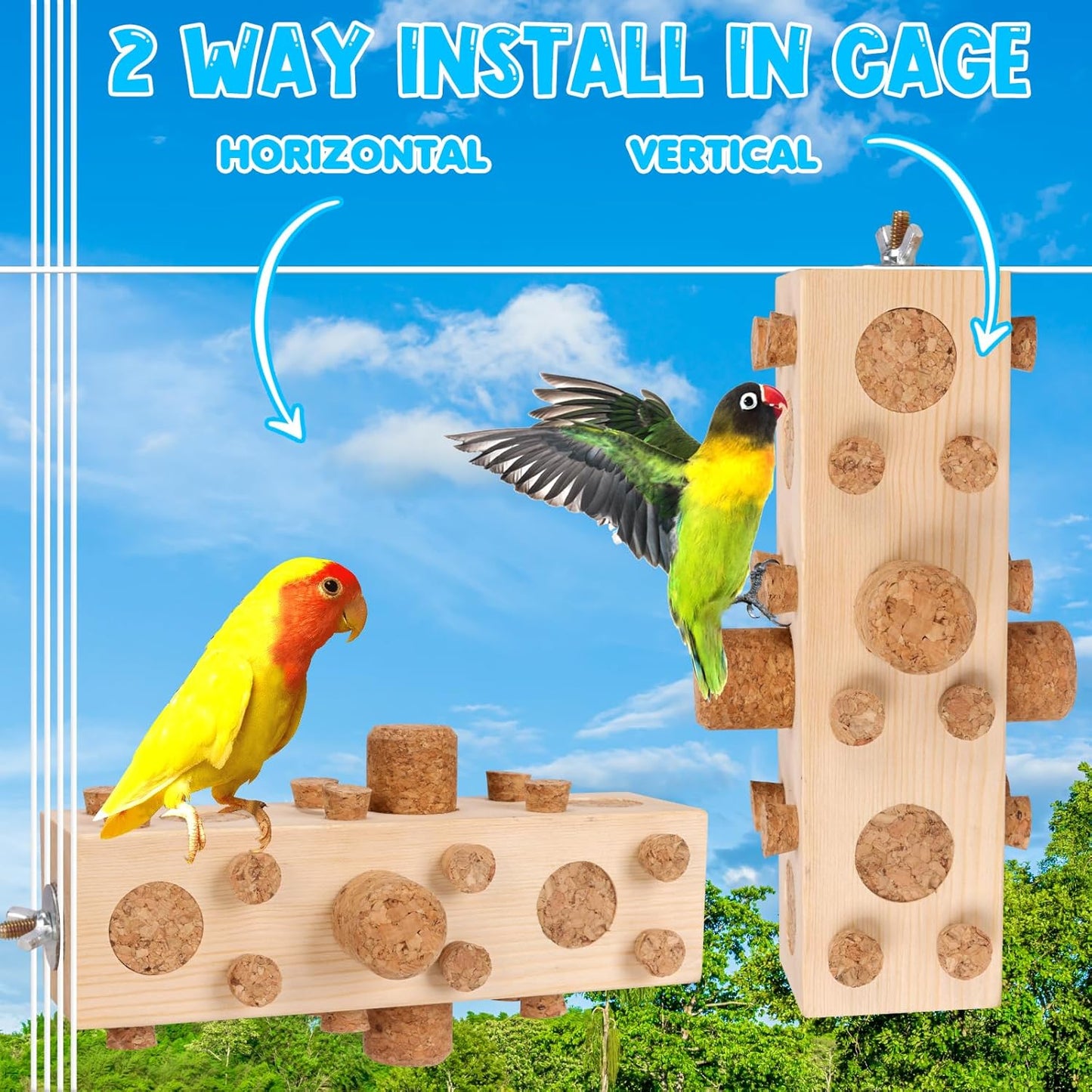 36pcs Soft Corks with Parrot Chewing Toy Cage Perch Pine Wood Foraging Smart Toy for Small to Regular Size Parrot Cockatiel Birds