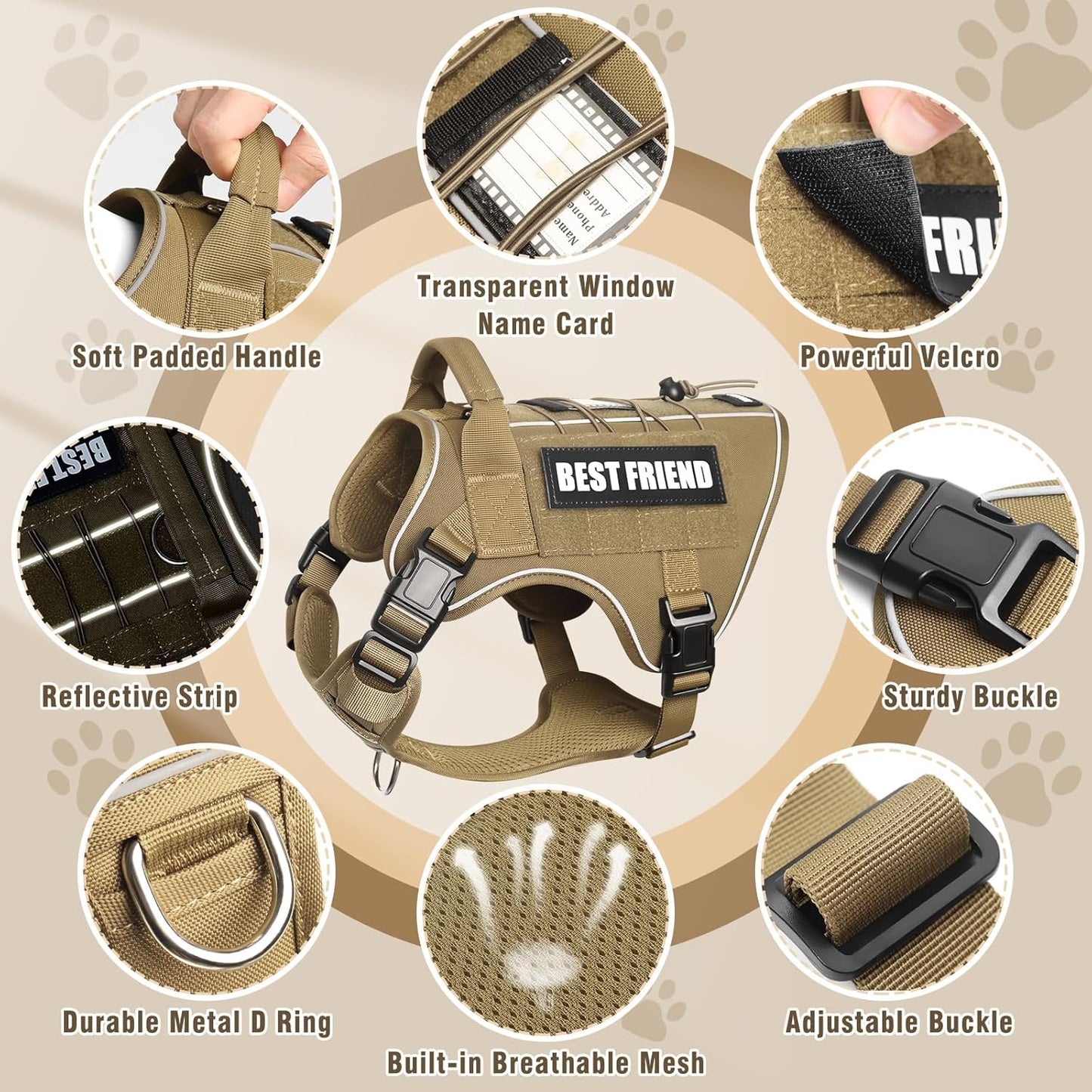 Tactical Dog Harness for Large Dogs,No Pull Military Dog Vest with Handle,Reflective Heavy Duty Pet Harness for K9 Working Walking Hiking Training Brown XL