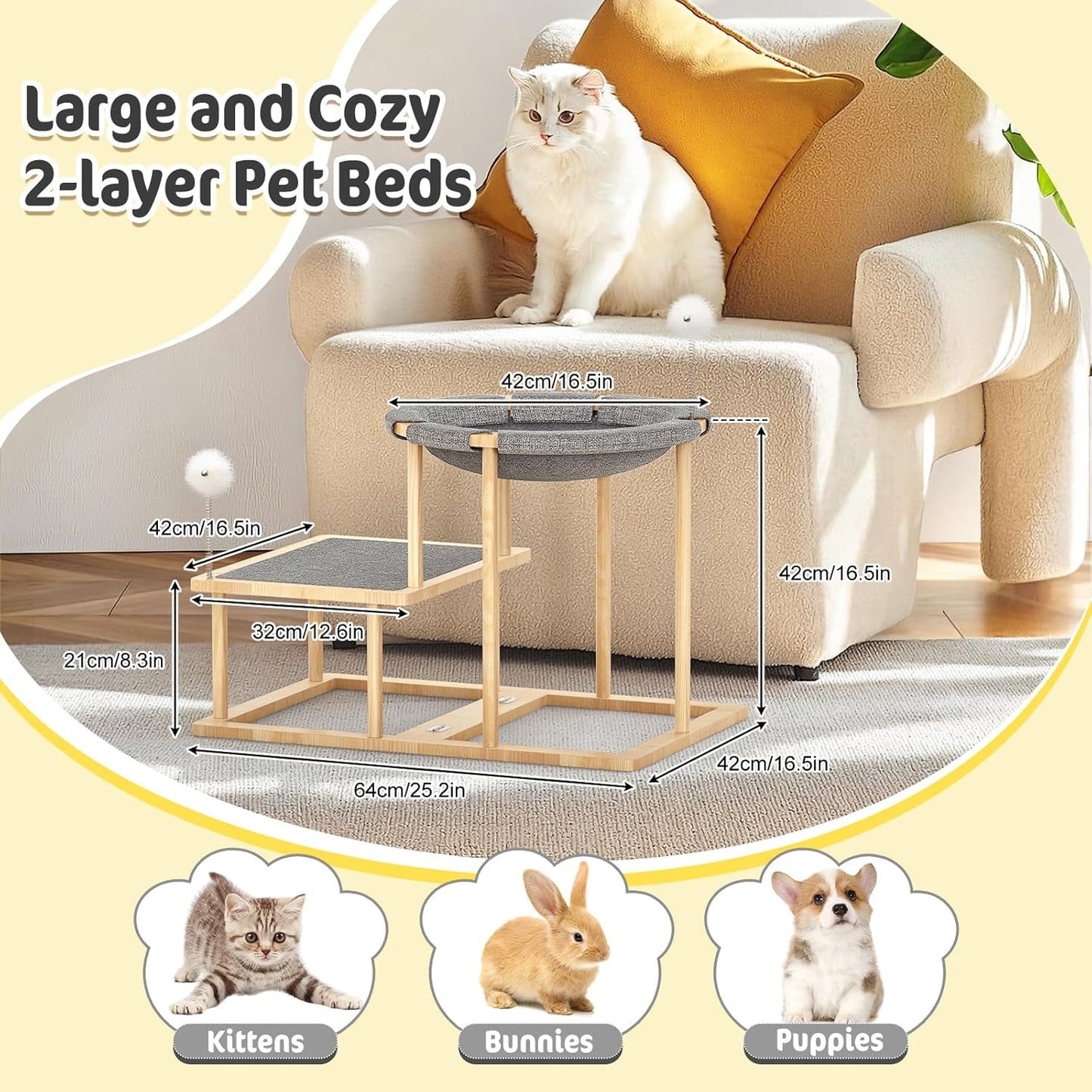 Pawaboo Elevated Cat Hammock Bed, 2-Tier Cats Bed with 2 Teasers, Wooden Cats Furniture with Kitten Scratching Mat,Double Cat Beds Interactive Stair Shaped Pet Hammock for Indoor Kitties Climbing