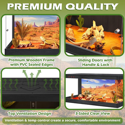 Royxen Tempered Glass Reptile Enclosure,Reptile Tank with Wooden Mesh Top and Lockable Design,79 Gallon Bearded Dragon Tank for Lizard Gecko Tortoise Snake Habitat,48" x 20" x 20",Black