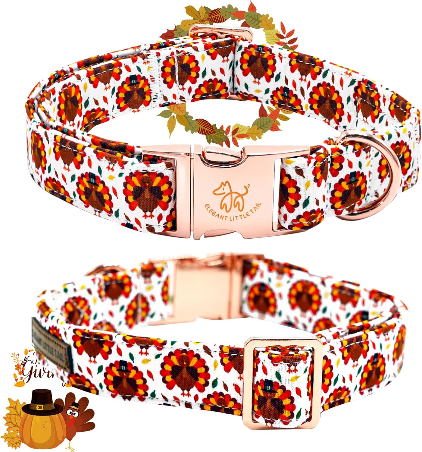 Elegant little tail Thanksgiving Dog Collar, Turkey Print Pet Collar Dog Durable Cute Dog Collars Winter Holiday Male or Female Pet Gift Adjustable Dog Collar for Large Dogs