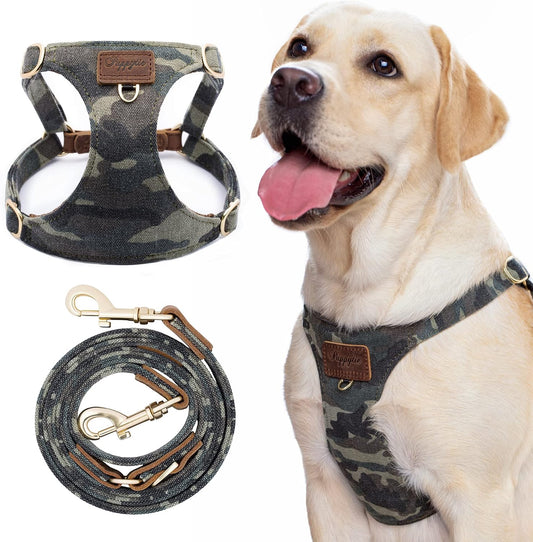 Dog Harness, No Pull Dogs Harness and Multi-Function Leash Set for Medium Dogs Easy Walk Everyday Adjustable Soft Dog Vest Harness Fashionable Dog Accessories Camouflage Green-Slim Large