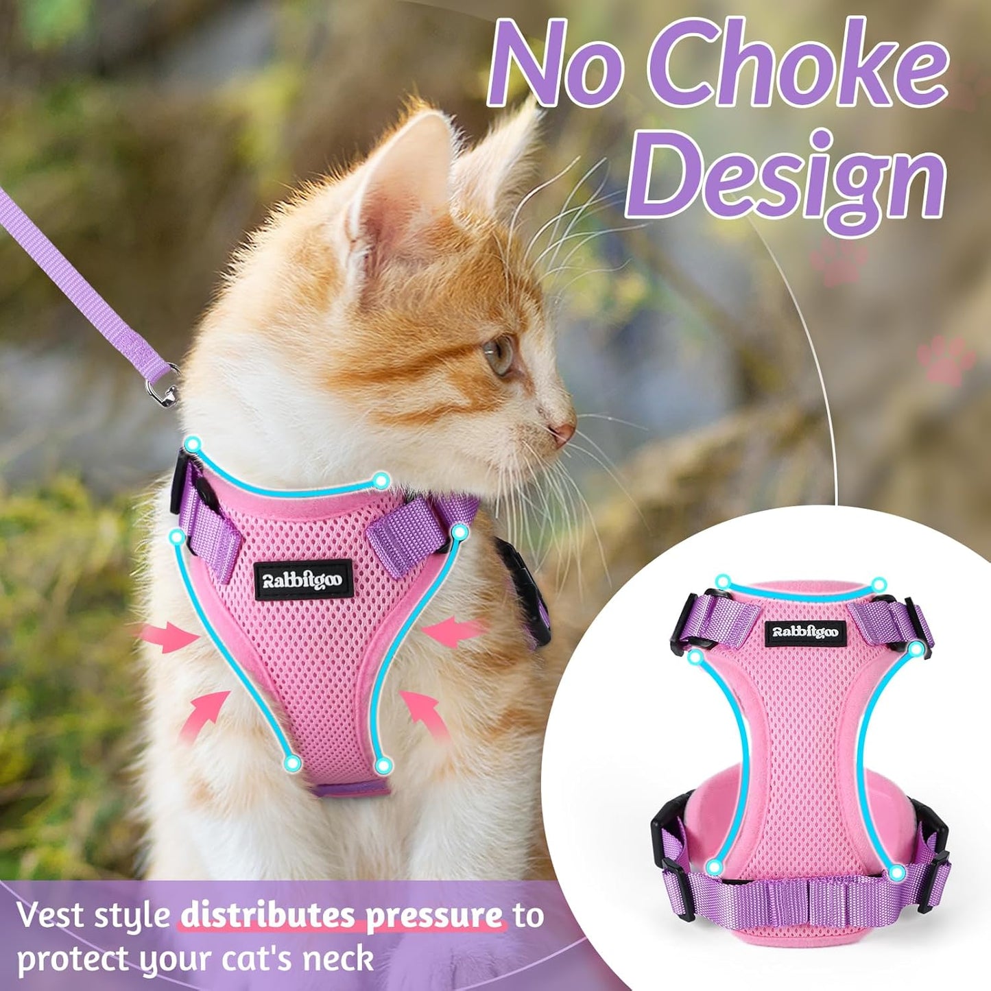 rabbitgoo Cat Harness and Leash for Walking, Escape Proof Soft Adjustable Vest Harnesses for Cats, Easy Control Breathable Reflective Strips Jacket, Pink & Purple, S
