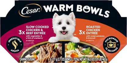 Cesar Warm Bowls Wet Dog Food Variety Pack: Chicken & Beef; and Chicken Entrées, 2.7 oz Trays (6 Count, Pack of 1)