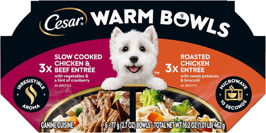 Cesar Warm Bowls Wet Dog Food Variety Pack: Chicken & Beef; and Chicken Entrées, 2.7 oz Trays (6 Count, Pack of 1)
