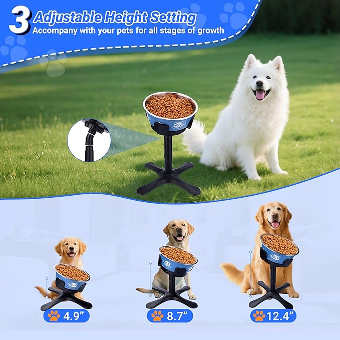 Dog Bowls,Elevated Adjustable Dog Bowl Stand with 3 Heights & Tilted Feeding Design, Raised Stand Compatible with Medium & Large Breeds(with Stainless Steel Bowls-Black)