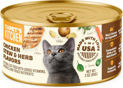 YOUR PET'S KITCHEN Canned Wet Cat Food, Chicken Stew & Herb Flavors - 3 oz Cans (Pack of 24), Made in The USA with Real Chicken