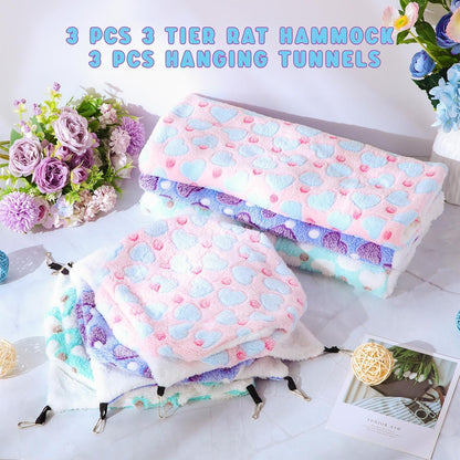 Sweetude 6 Pcs Rat Hammock Set Ferret Hanging Tunnel 3 Tier Guinea Pig Hammocks Hideout Soft Chinchilla Bed for Cage Accessories Hide,Play and Sleep(Lovely,Heart)