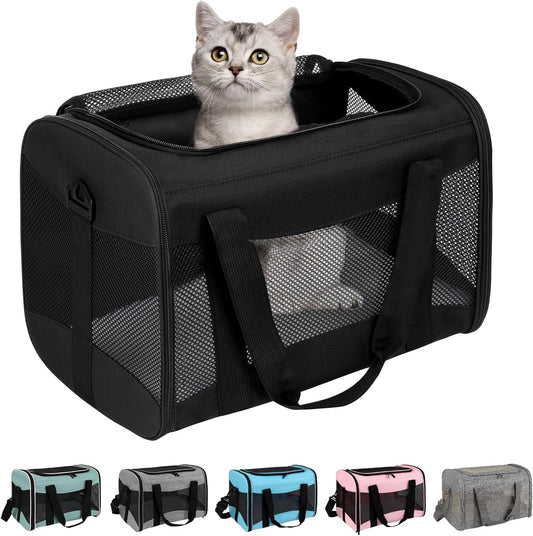 Cat Carrying Case - Pet Carrier Airline Approved, Protable and Breathable Pet Travel Carrier Removable Fleece Pad, Collapsible Cat Carrier Dog Carrier for Medium Cats Small Cats Dogs(Medium, Black)