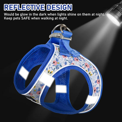 GAMUDA Small Dog Harness Collar and Leash Set, Step in No Chock No Pull Soft Mesh Adjustable Dog Vest Harnesses Plaid Reflective for Dogs Puppy Cats Kitten Rabbit (Blue Flower, L)