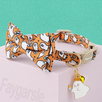 Faygarsle 2 Pack Halloween Cat Collar with Bowtie and Bell, Breakaway Safety Buckle, Ghost Pattern, Orange and Light Purple