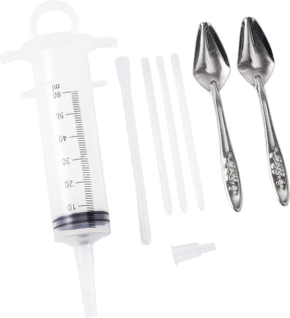 60ML Baby Bird Parrot Feeding Tubes, Liquid Medicine Feeder Push-Tube Pet Cat Dog Feeder with 2 Pcs Stainless Steel Metal Feeding Spoon